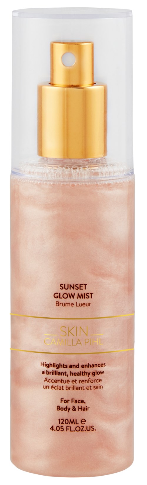 En klar flaske med en gullfarget pumpe og spray, merket som Sunset Glow Mist for ansikt, kropp og hår.