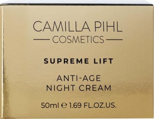 En gullfarget boksmerke med tekst Camilla Pihl Cosmetics, Supreme Lift anti-aldringsnattkrem, 50 ml.