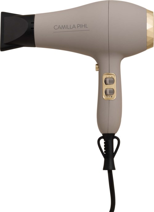 A beige and black hair dryer with a brand name on the side and two switch buttons.