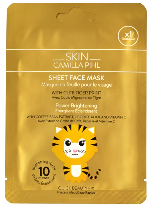 Ett guldfärgat paket för ansiktsmask med en söt tigerillustration och produktinformation.