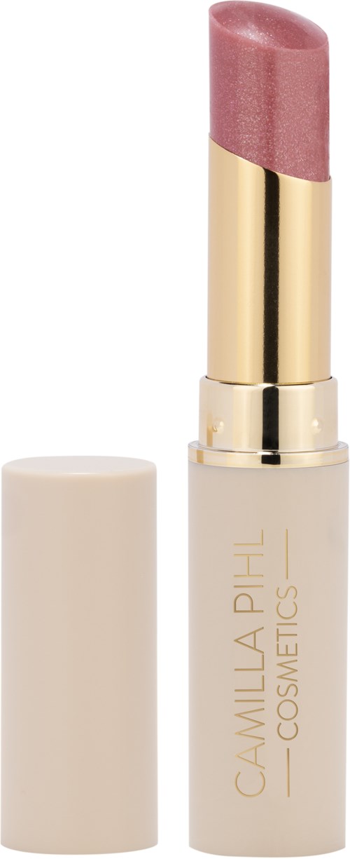 Różowa szminka w białej i złotej tubce z marką Camilla-phil Cosmetics.