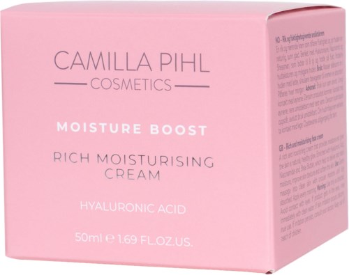 Rosa box med Camilla Pihl Cosmetics logga, Moisture Boost Rich Moisturising Cream och Hyaluronic Acid skrivet på framsidan.