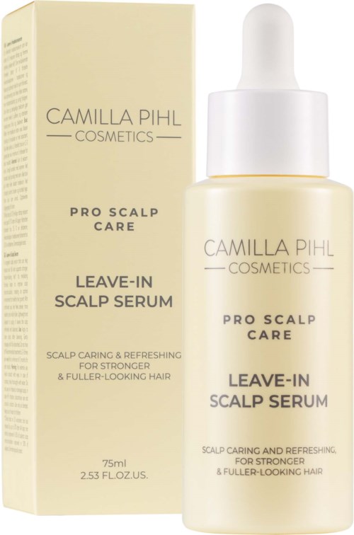 Spraypullo ja pakkauksessa Camilla Pihl Pro Scalp Care Leave-In Scalp Serum vahvemman, täyteläisemmän näköisen tukan saavuttamiseksi.