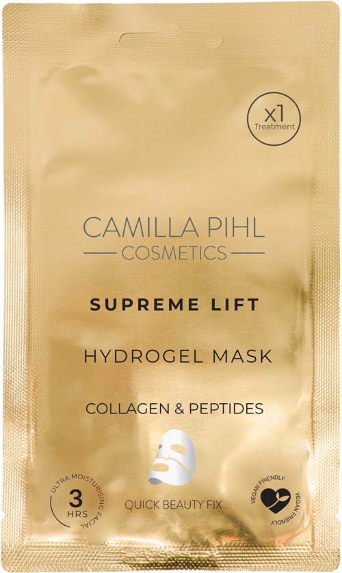 Goudkleurige verpakking voor een hydrogelmasker van Camilla Pihl Cosmetics, met collageen en peptiden, duurt ongeveer 3 uur, makkelijk te gebruiken.