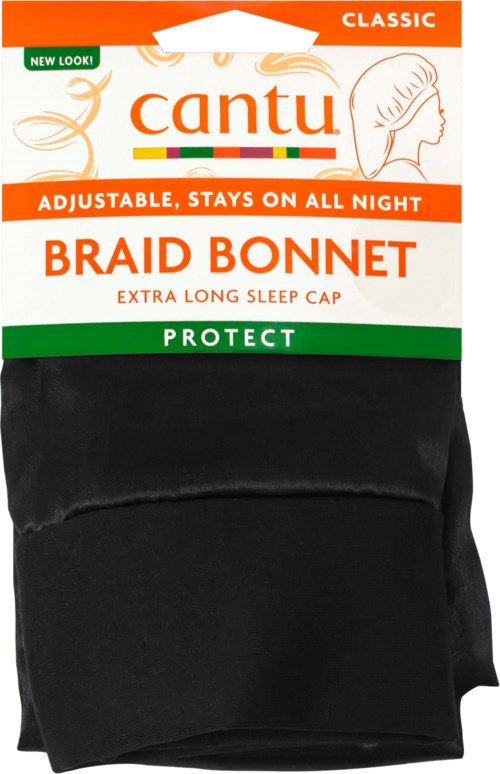 En svart sömnpyjamas med orange, grön och vit förpackningsetikett som visar varumärket Cantu och produktdetaljer.
