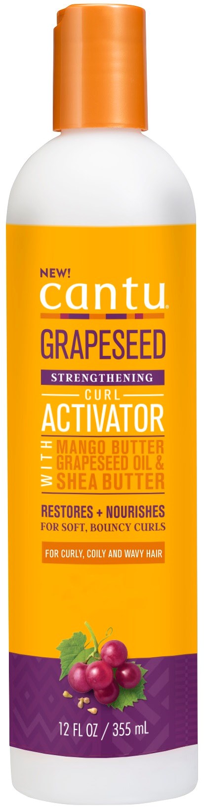 A white bottle with an orange cap, labeled Cantu Grapeseed Strengthening Curl Activator with grape images.