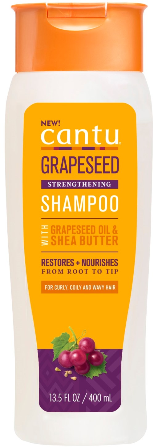 En schampokopp märkt Cantu Grape Seed, med orange, gult, lila färger och en bild av druvor.