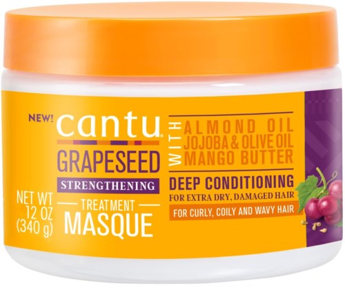 Cantu Grapeseed styrkende behandling maske for tørt, skadet, krøllete og vilt hår. Inneholder mandelolje, jojoba, olivenolje og mangobett.