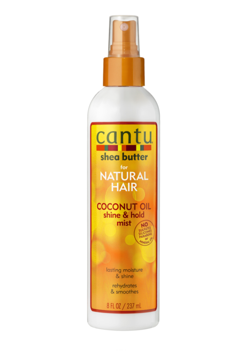 En sprayflaska med Cantu shea butter för naturligt hår med kokosolja, utformad för glans och stadga.
