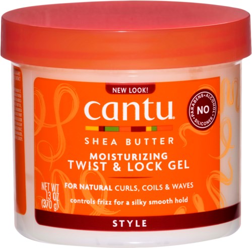 Oranger Behälter mit rotem Deckel, beschriftet mit 'Cantu Shea Butter Moisturizing Twist & Lock Gel'.