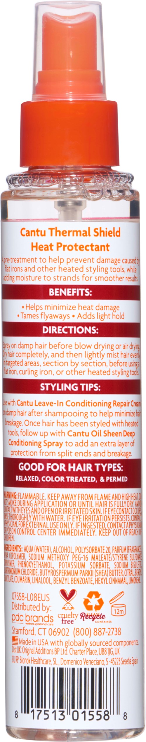 A small spray bottle with a red and orange cap, labeled as heat protectant for hair, with instructions and benefits.