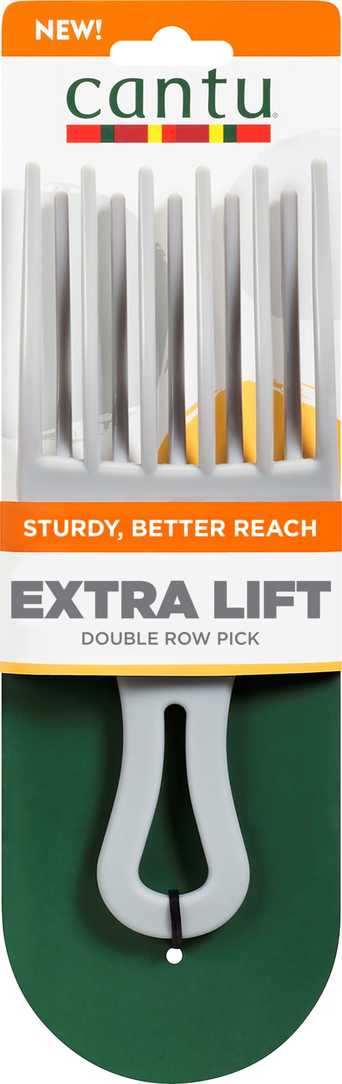 En produktförpackning för ett Cantu extra lift dubbel rad hårgallra med vit handtag och metalltänder.