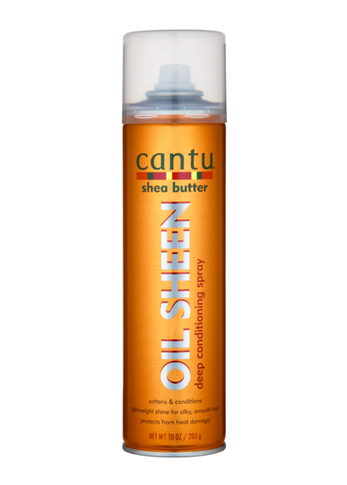 A can of Cantu Shea Butter Oil Silicone Shine deep conditioning spray with a white cap and orange label.