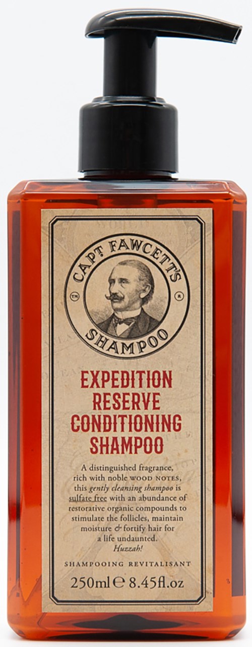 A bottle of Cap't Fawcett's shampoo with a pump, labeled as expedition reserve conditioning shampoo, 250ml.