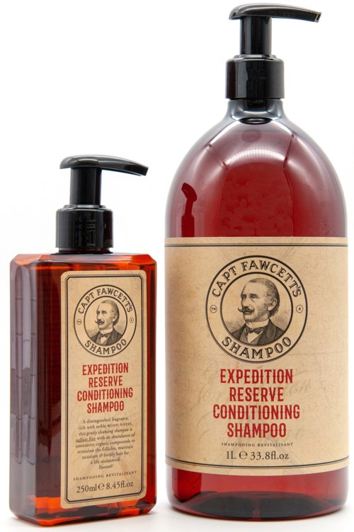Two hair care bottles labeled 'Expedition Reserve Conditioning Shampoo' with black pump tops, one smaller and one large.