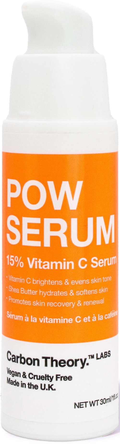Biała butelka z pomarańczową etykietą z napisem 'POW SERUM' i '15% Vitamin C Serum', wyprodukowana przez Carbon Theory.