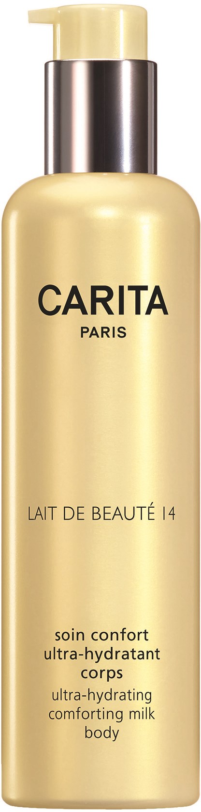 En gul flaska med pump, märkt 'CARITA PARIS' och 'Lait de Beauté 14' för fuktgivande kroppsvård.