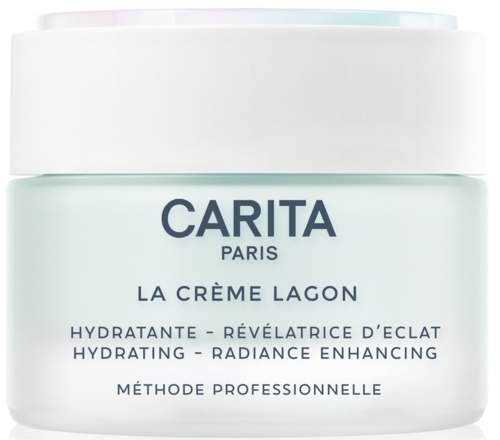 En vit burk med blå text som marknadsför Carita Paris La Crème Lagon, en återfuktande och ljusgörande kräm. lätt design.