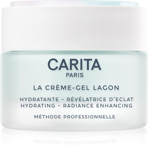 En ljusblå burk märkt 'Carita Paris La Crème-Gel Lagon', för återfuktning och ökad lyster, med vit lock.