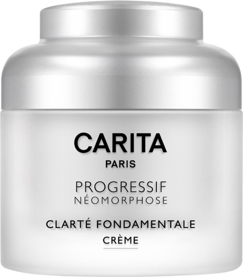 En hvit beholder med hudpleiekrème merket Carita Paris, Progressive Néomorphose, og Clarité Fondamentale, Crème.