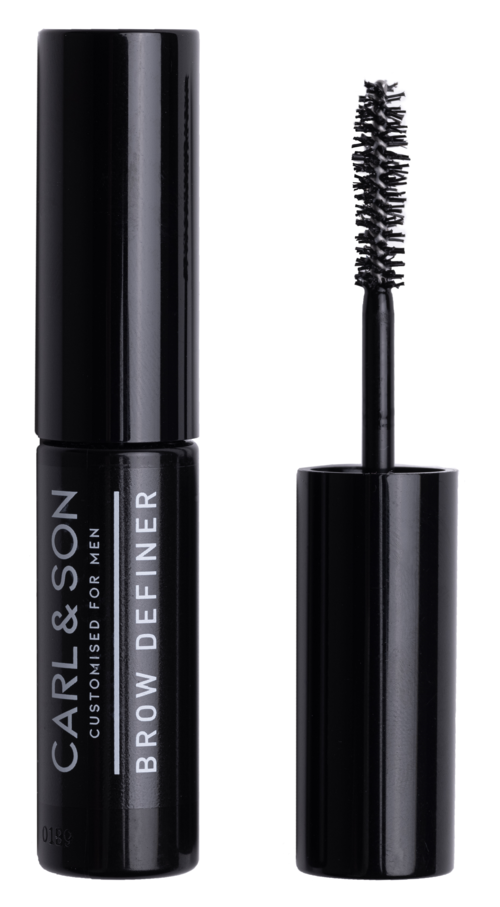 Svart mascara-rör med en borste, märkt 'Carl & Son Brow Definer' för ögonbryn.