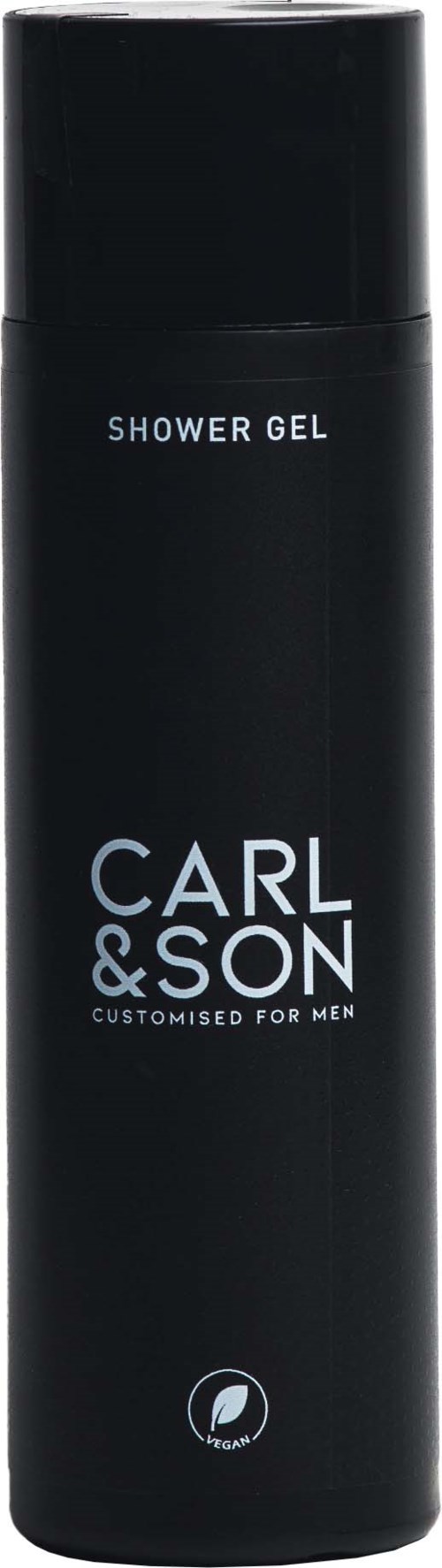 Zwarte fles met 'SHOWER GEL' en 'CARL & SON', voor heren, met een eenvoudige, strakke uitstraling.