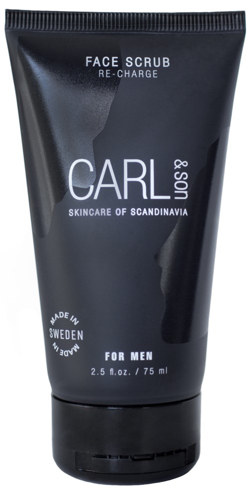 Een zwarte tube gezichts scrub voor mannen van CARL & SONS uit Zweden. Het bevat 2,75 ml product.