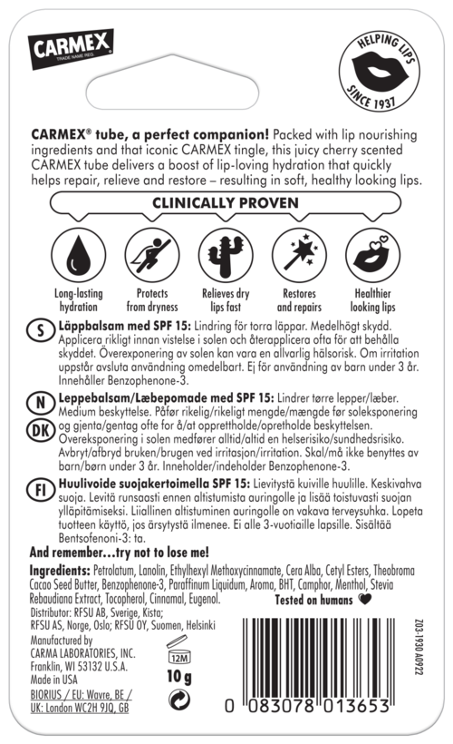En etikett som beskriver Carmex läppbalsams fördelar, ingredienser, användning och certifieringar, med ikoner för hydratisering och läkning.