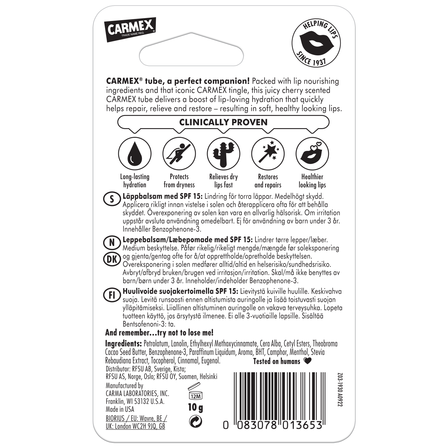 Alternativ bild 1 för Carmex Lip Balm Cherry Tube SPF15