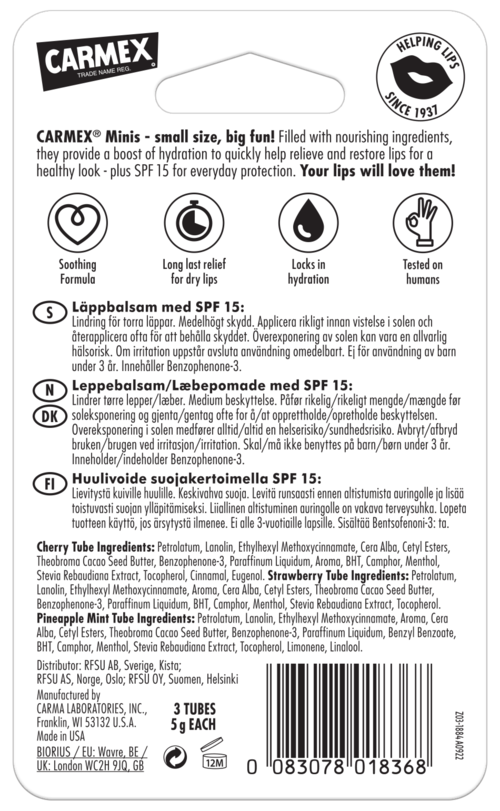 Carmex lip balm packaging with product details, ingredients, and barcode, emphasizing hydration and protection.