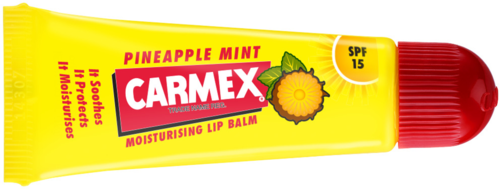 Yellow lip balm with red cap, pineapple mint flavor, SPF 15, brand name Carmex. Suitable for moisturizing lips.