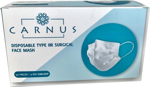 En eske inneholder 50 engangs kirurgiske ansiktsmasker med øreloop, merket Carvus, designet for ansiktbeskyttelse.