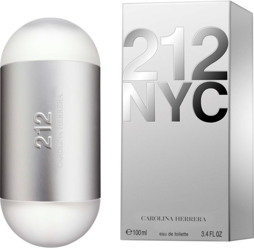 Hopeasi ja valkoinen hajuvesipullo ja vastaava pakkausmerkinnällä 212 NYC Carolina Herrera.
