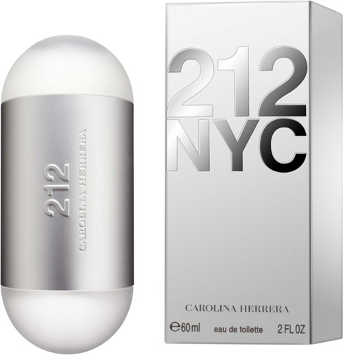 En vit parfymflaska och en box med 212 NYC-logotyp och text. Flaskan är rund och elegant i design.
