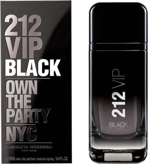 En parfyllflaska och box för 212 VIP BLACK med modern svart design och vit text. Flaskan är glänsande och elegant.