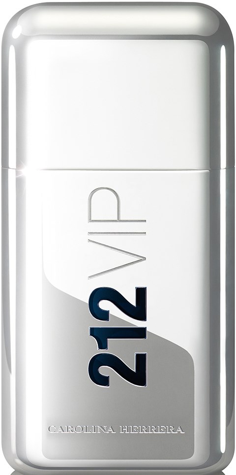 Biała, prostokątna butelka perfum z srebrnymi krawędziami i czarnym oraz granatowym napisem: '212 VIP' i 'Carolina Herrera.'