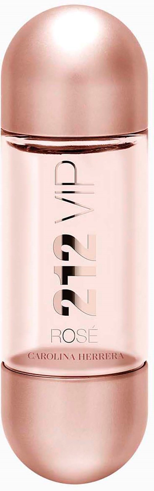 Tyylikäs, vaaleanpunainen hajuvesipullo pyöreällä, kiiltävällä kannella, merkinnällä "VF2 VIP" ja "ROSÉ," Carolina Herrera.