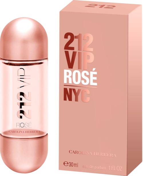 Vaaleanpunainen tuoksupullo ja samanlainen laatikko VIP Rosé NYC -tuoksulle Carolina Herrerailta.