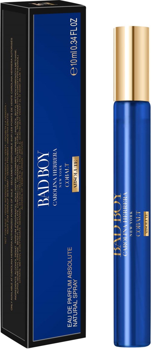 Sininen roll-on hajuvesi pullo kultaisella kolvilla ja saman sävyinen laatikko, jossa lukee 'Bad Boy' ja tuoksutiedot.