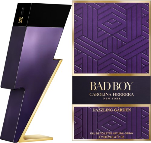 En parfölflaska formad som en blixt och en lila mönstrad box för Bad Boy-parfymen.