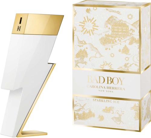Biało-złoty szmineczka i ozdobne pudełko na perfumy Bad Boy Sparkling Ice.