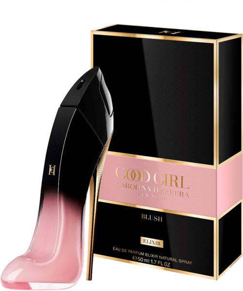 Een parfumfles en doos, zwart met roze en gouden accenten, gelabeld "Carolina Herrera Good Girl" en "Blush Elixir."