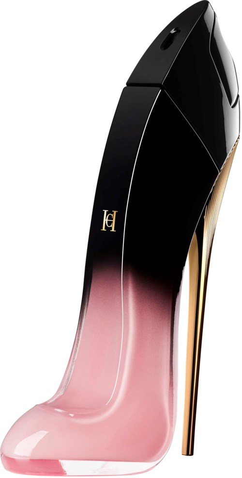 En høyhæl sko med svart og rosa gradientfarge og en gull stiletthæl.