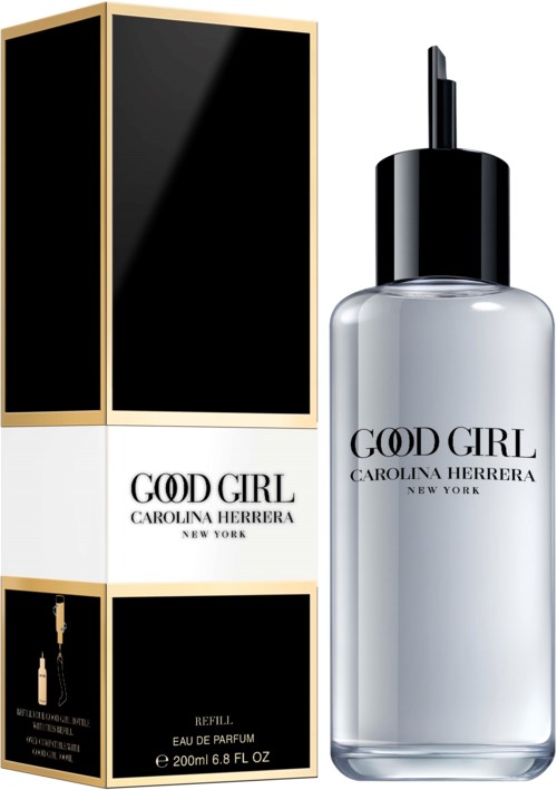 En parfyllflaska och förpackning med svart och vitt design, märkt 'Good Girl' av Carolina Herrera från New York.