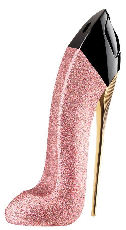 En högklackad sko med rosa glitter och svart och guldhæl.