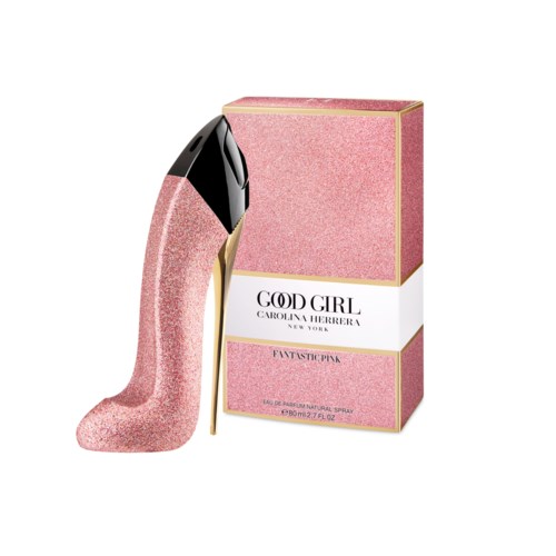 En parfyllflykt i form av en högklackad sko, rosa och svart, med rosa förpackning märkt "Good Girl" av Carolina Herrera.