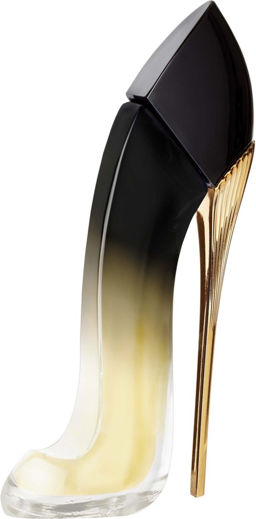 En højhælet sko i sort og guld design, med klar glas hæl og buet form.