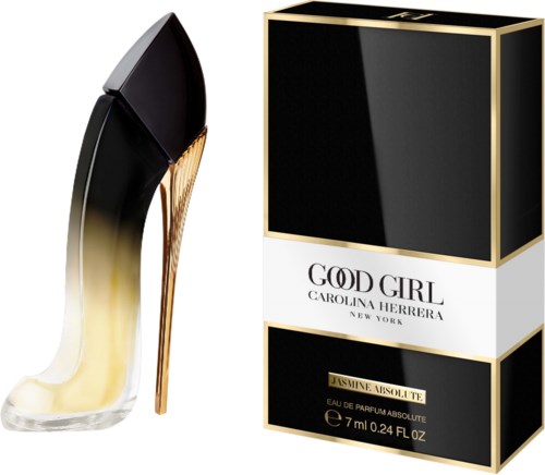 En parfobeholder formet som en højhællet sko ved siden af en sort og guldbeskrevet æske med 'Good Girl' af Carolina Herrera.