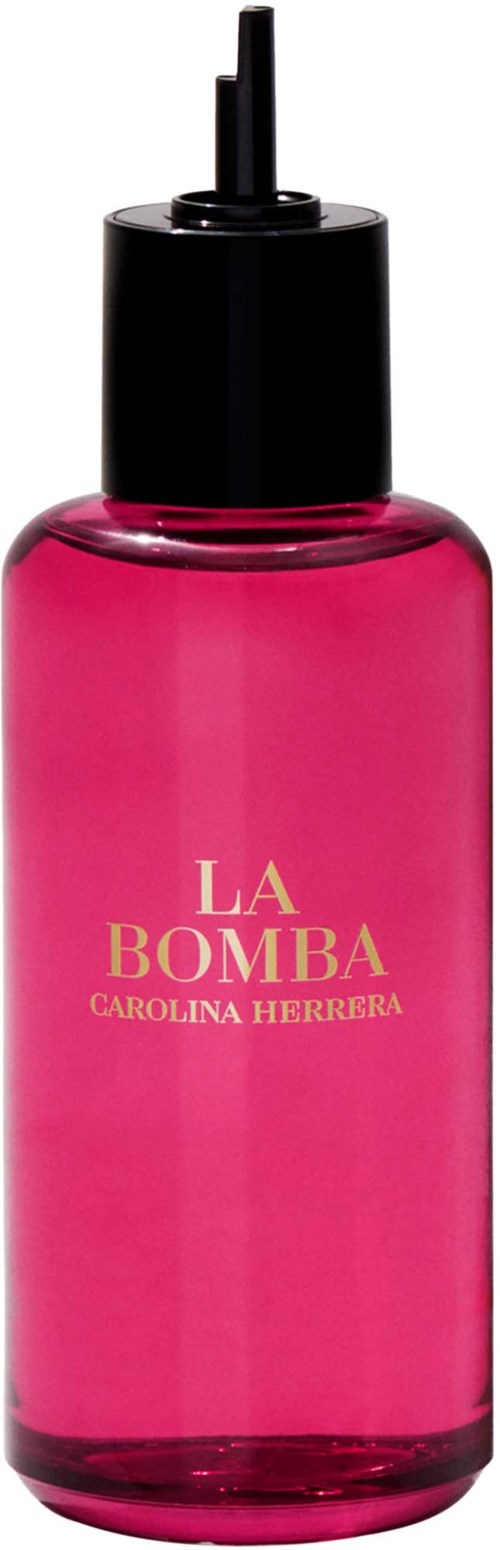 En rosa flaska med svart lock och dropper, märkt La Bomba av Carolina Herrera.