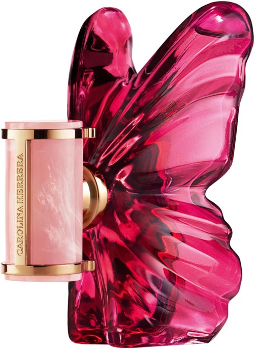 A pink perfume bottle with a butterfly-shaped glass cover, gold and pink design, and a cylindrical container.
